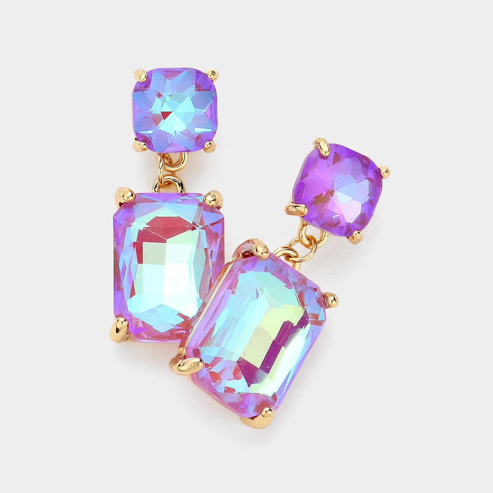 Women's Square Rectangle Glass Stone Link Drop Dangle Earrings