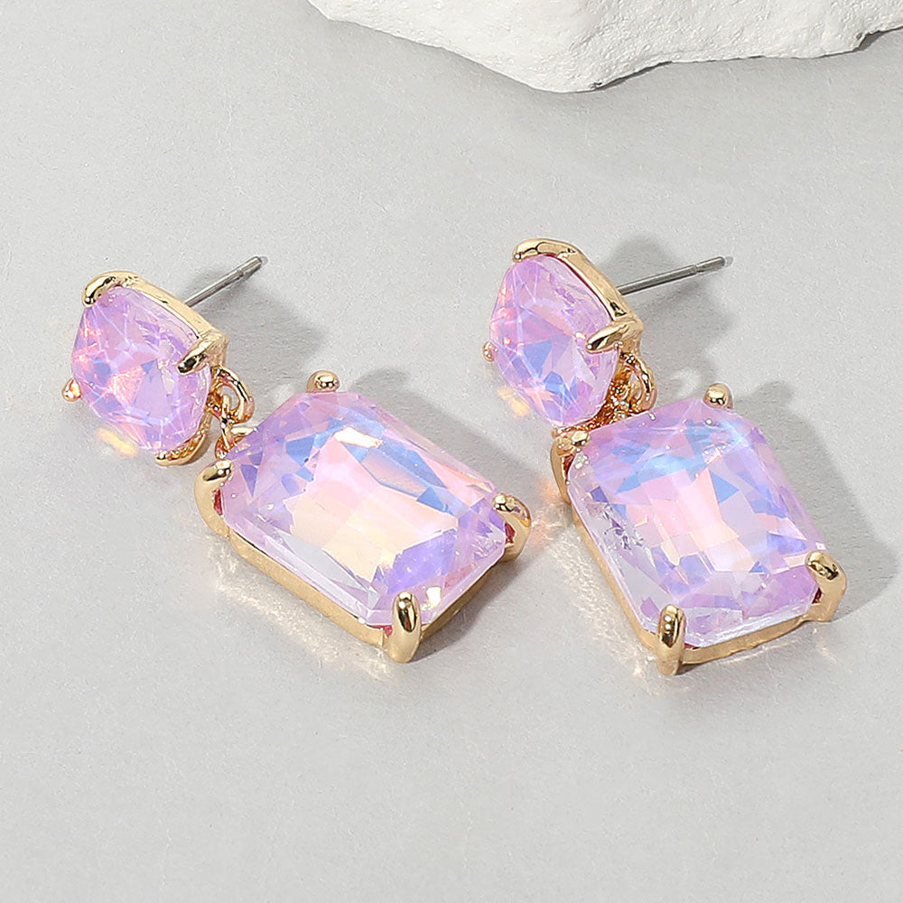 Women's Square Rectangle Glass Stone Link Drop Dangle Earrings