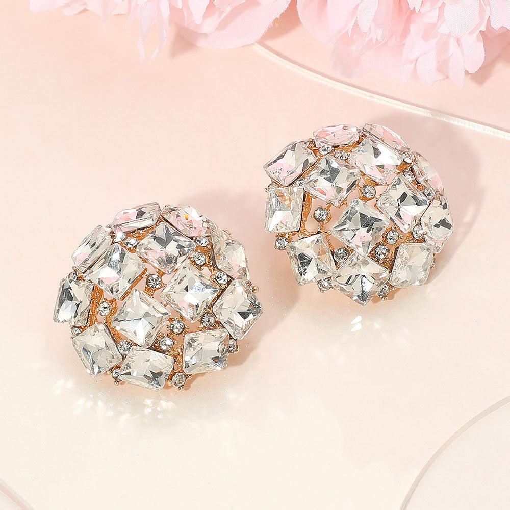Square Stone Cluster Embellished Dome Evening Earrings