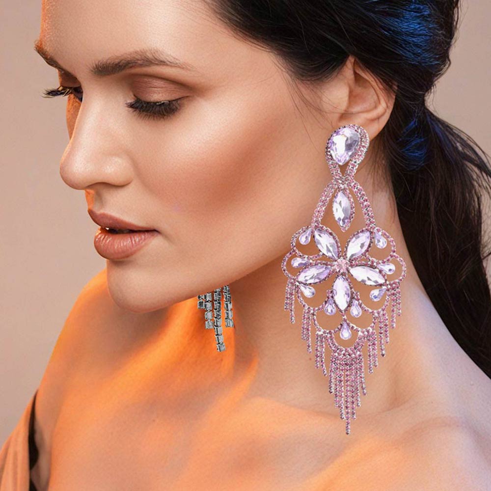 Marquise Stone Flower Accented Chandelier Evening Earrings