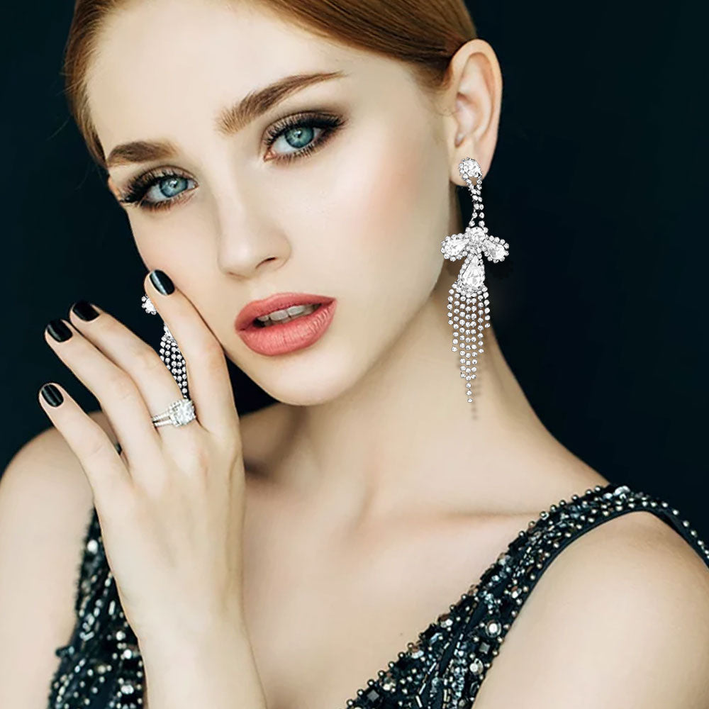 Crystal Rhinestone Fringe Evening Earrings