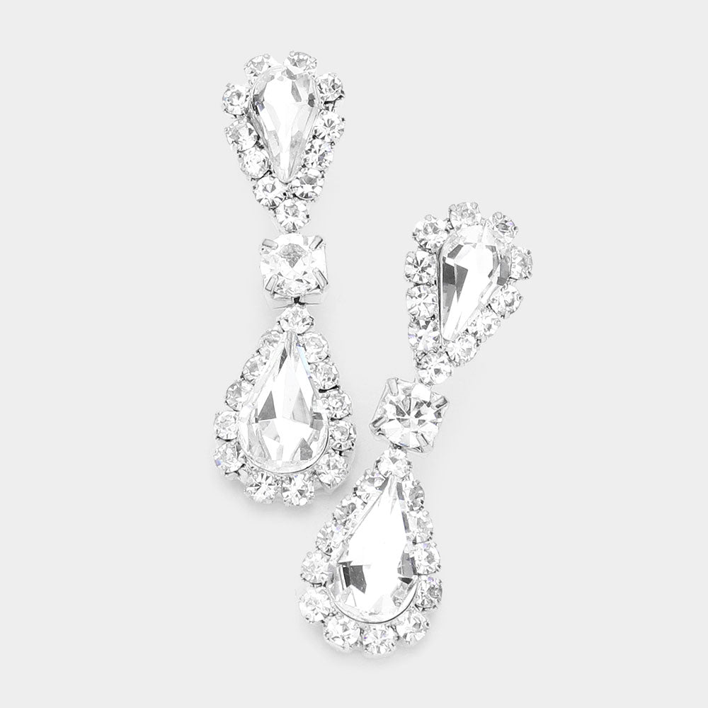 Double Teardrop Accented Rhinestone Trimmed Dangle Evening Earrings