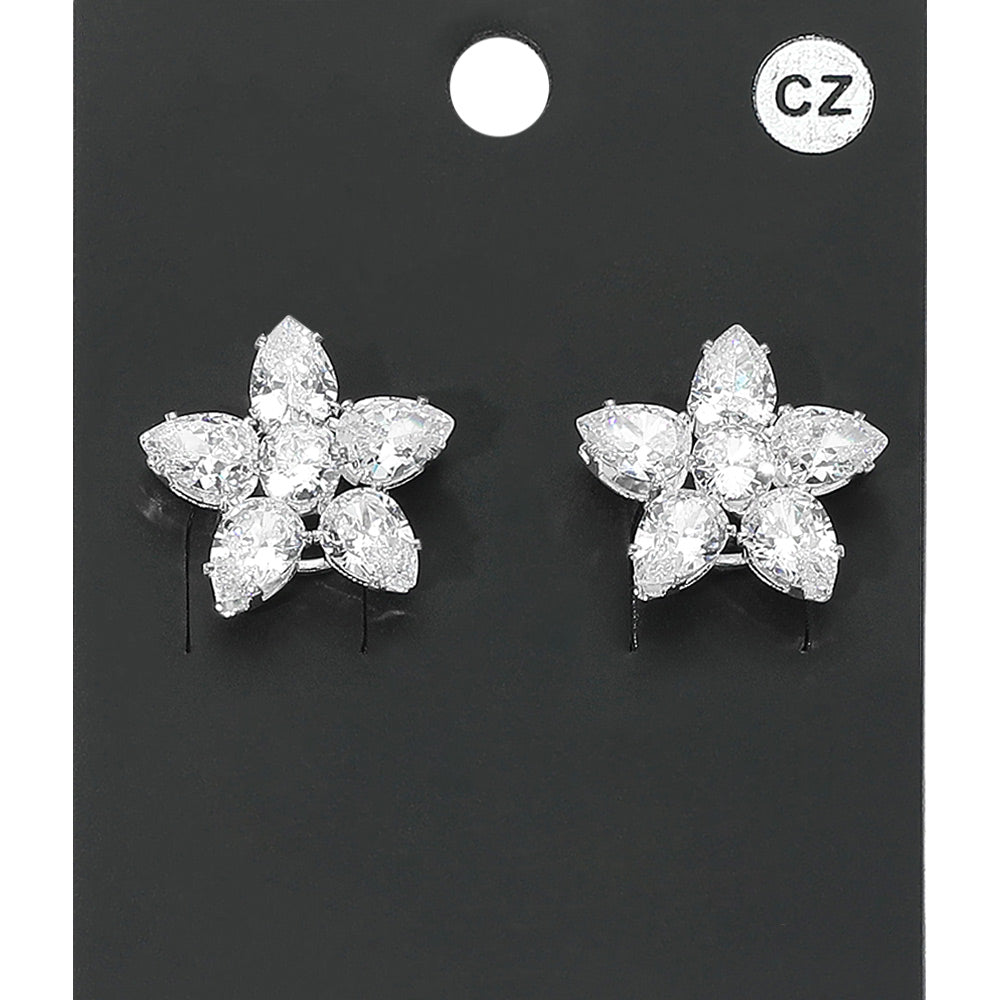 Flower CZ Stone Cluster Stud Evening Earrings