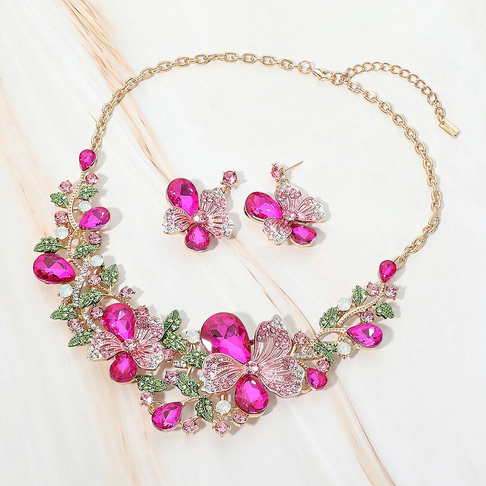 Floral Crystal Embellished Evening Necklace