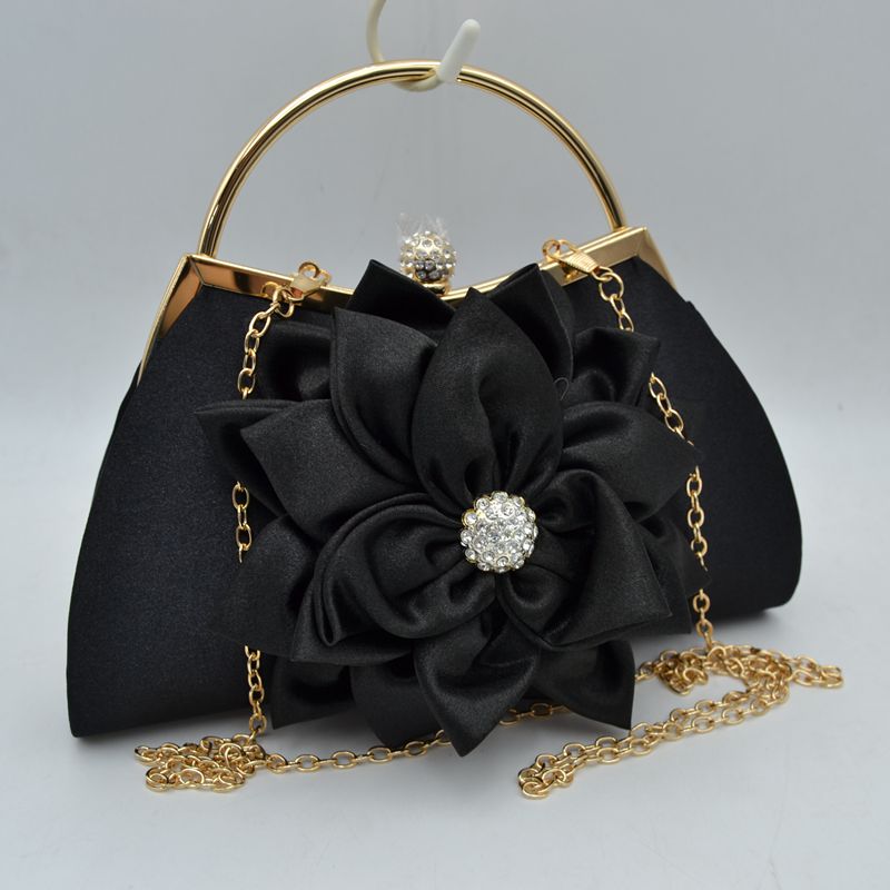 Evening Clutch Bag with Large Fabric Flower and Metal Top Handle