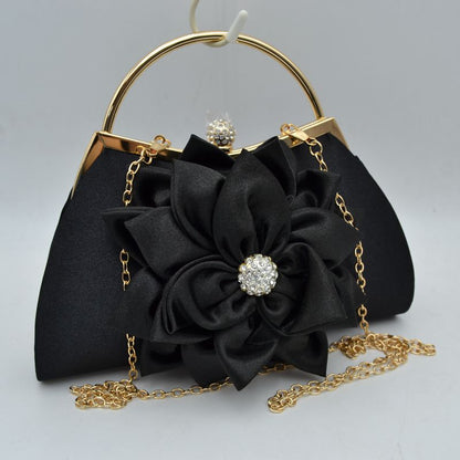 Evening Clutch Bag with Large Fabric Flower and Metal Top Handle