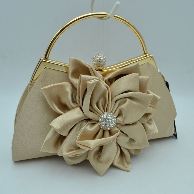 Evening Clutch Bag with Large Fabric Flower and Metal Top Handle