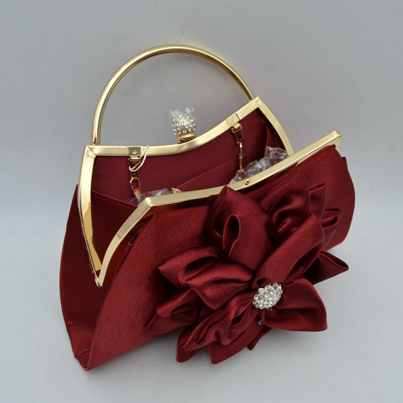 Evening Clutch Bag with Large Fabric Flower and Metal Top Handle