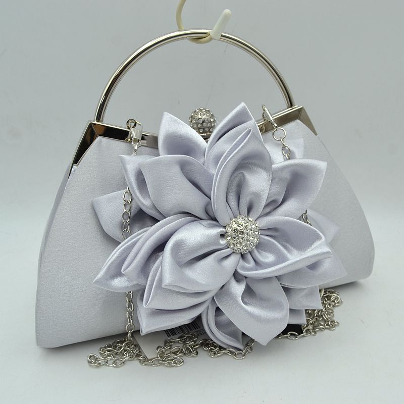 Evening Clutch Bag with Large Fabric Flower and Metal Top Handle