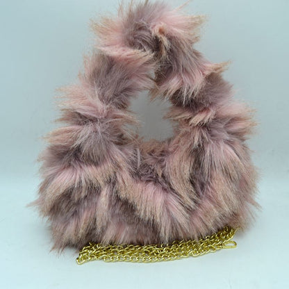 Shaggy Plush Handbag with Integrated Handle and Chain Strap