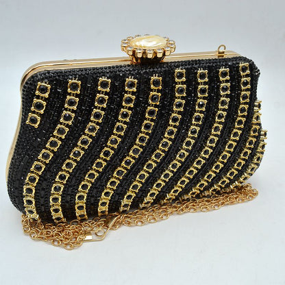 Rhinestone Evening Clutch Bag with Wavy Gold Trim and Chain Strap