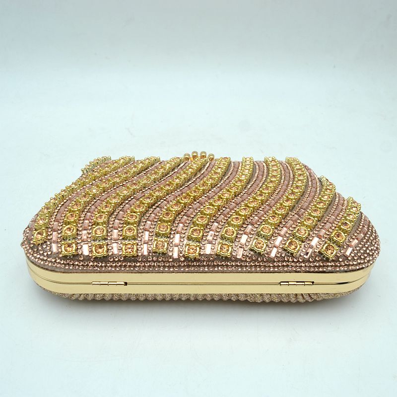 Rhinestone Evening Clutch Bag with Wavy Gold Trim and Chain Strap