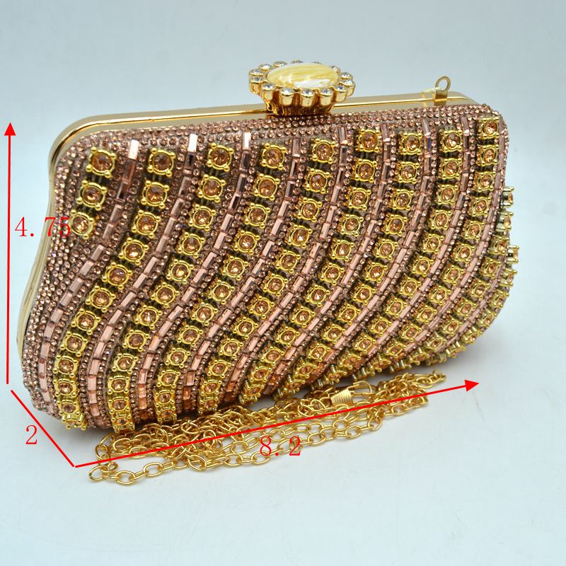 Rhinestone Evening Clutch Bag with Wavy Gold Trim and Chain Strap