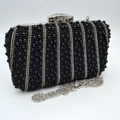 Beaded Evening Clutch Bag with Rhinestone Stripes and Chain Strap