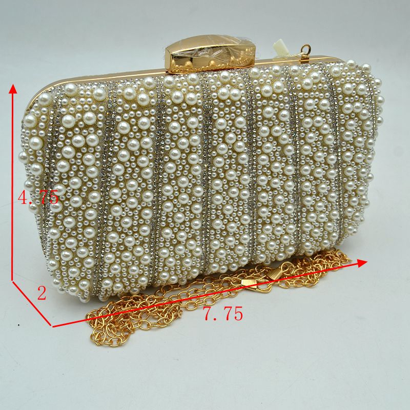 Beaded Evening Clutch Bag with Rhinestone Stripes and Chain Strap