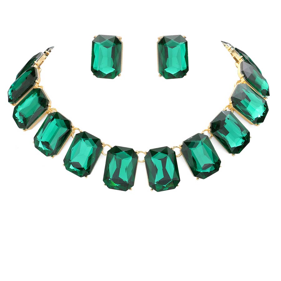 Emerald Cut Stone Link Evening Necklace Earring Set