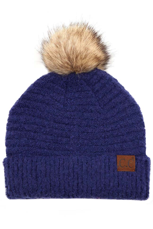 C.C Solid Boucle Yarn Beanie Hat With Pom