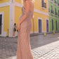 Nox Anabel F1468 Vestido Largo con Lentejuelas/Cuentas, Manga Drapeada y Hombros Caídos