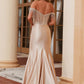 Nox Anabel F1568 Vestido de satén con cuentas, escote Bardot y cintura encorsetada
