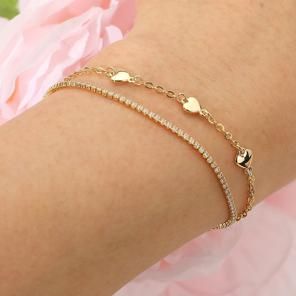 18K Gold Dipped Heart Charm Station Rhinestone Layered Adjustable Cinch Pull Tie Bracelet