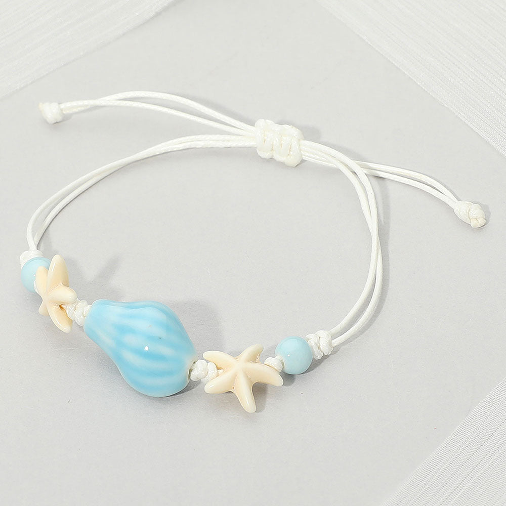 Women's Ceramic Conch Shell Starfish Beaded Adjustable Cinch Pull Tie Bracelet