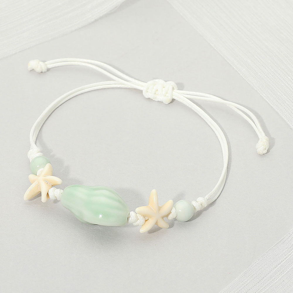 Women's Ceramic Conch Shell Starfish Beaded Adjustable Cinch Pull Tie Bracelet