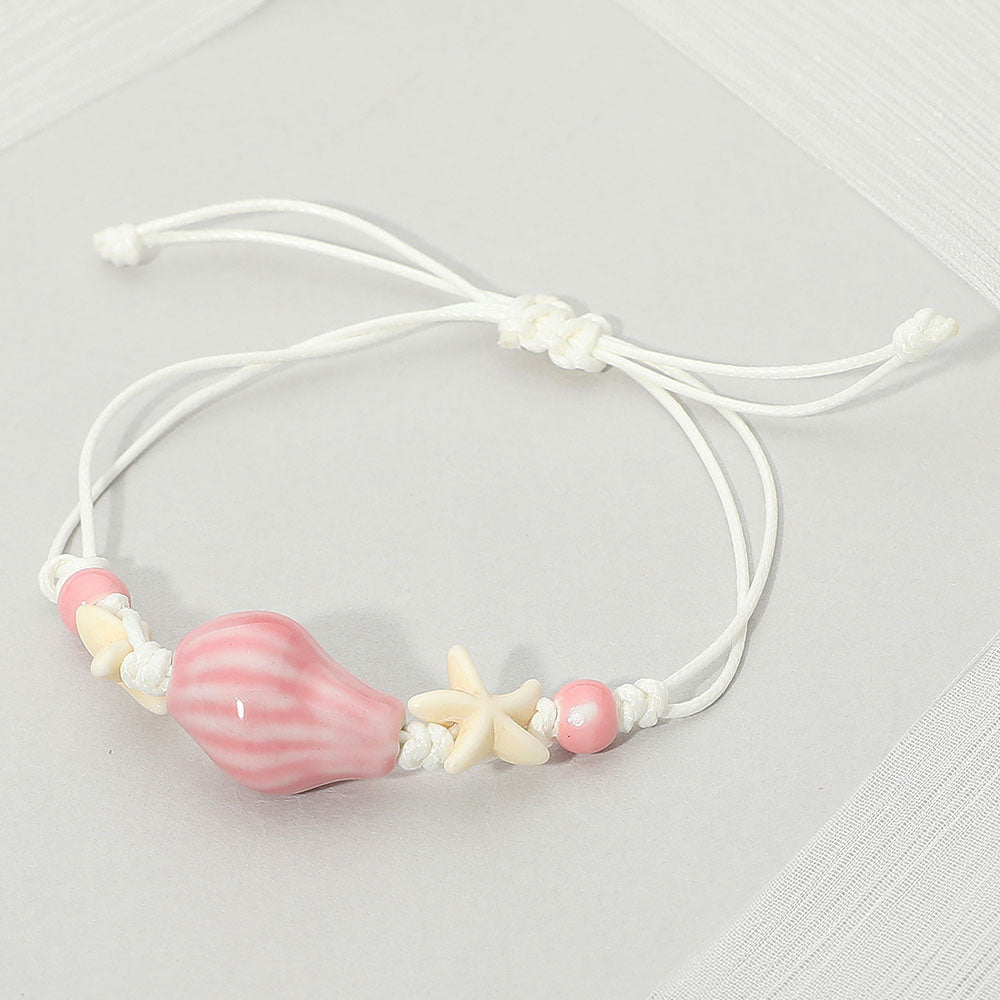 Women's Ceramic Conch Shell Starfish Beaded Adjustable Cinch Pull Tie Bracelet