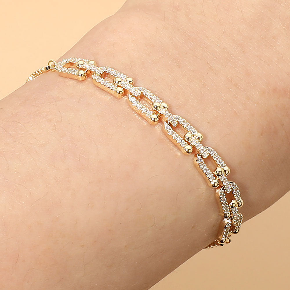18K Gold Dipped Stone Pave Link Adjustable Cinch Pull Tie Bracelet