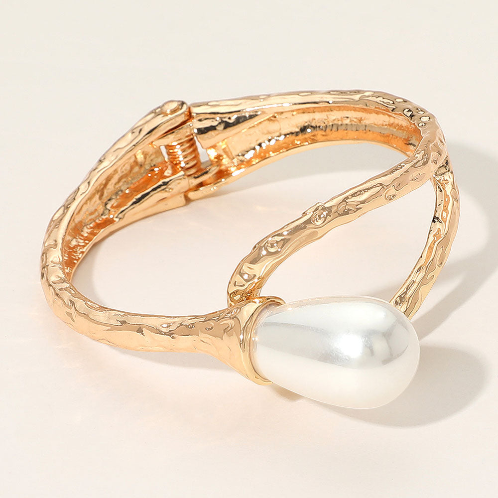 Pearl Accent Hammered Metal Hinged Bangle Bracelet