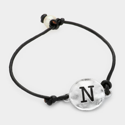 -N- Initial Monogram Metal Disc Pearl Pointed Bracelet