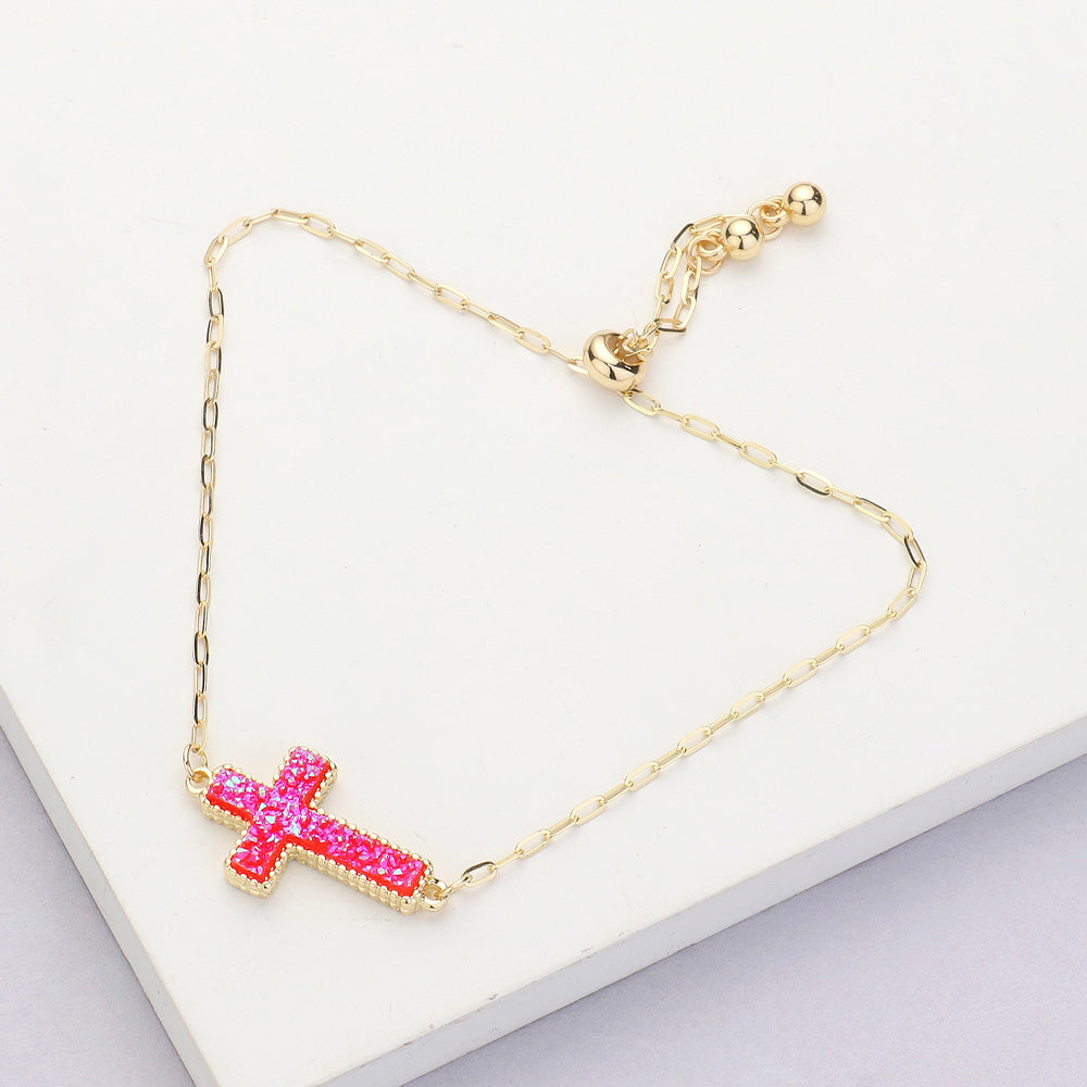 Cross Druzy Adjustable Pull Tie Bracelet