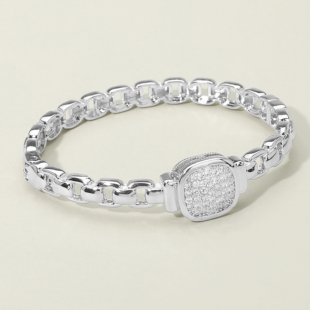 CZ Stone Paved Square Center Accent Hinged Bangle Bracelet