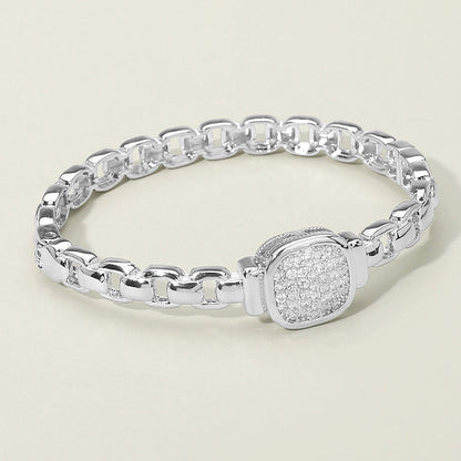 CZ Stone Paved Square Center Accent Hinged Bangle Bracelet