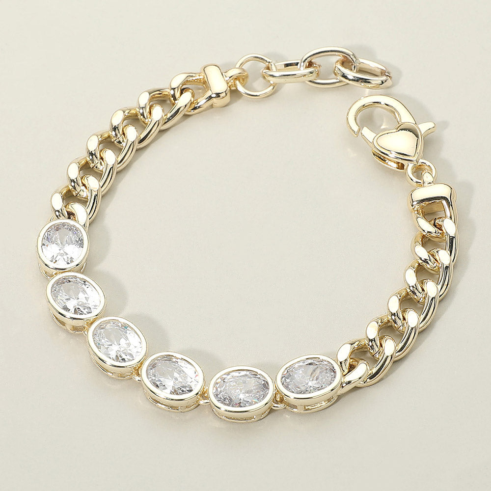 14K Gold Plated Oval CZ Stone Station Chain Bracelet