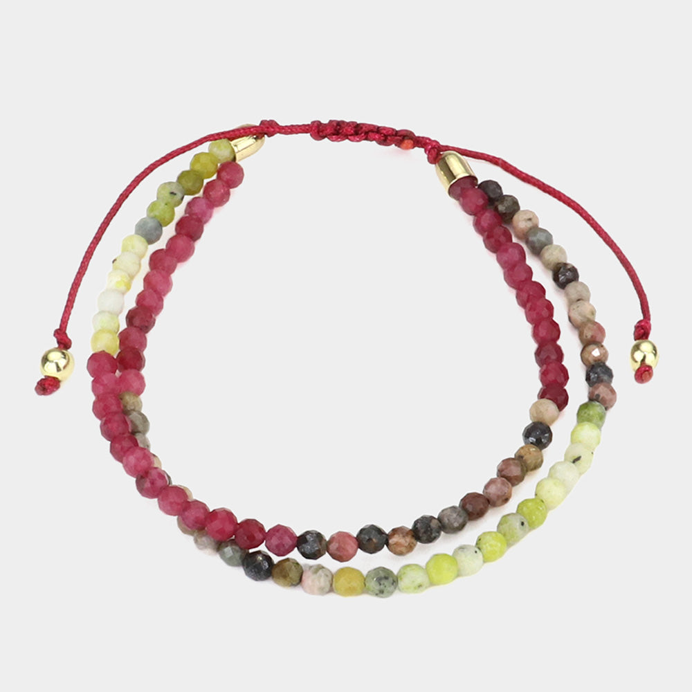 Two Layer Semi Precious Stone Bead Adjustable Cinch Pull Tie Bracelet