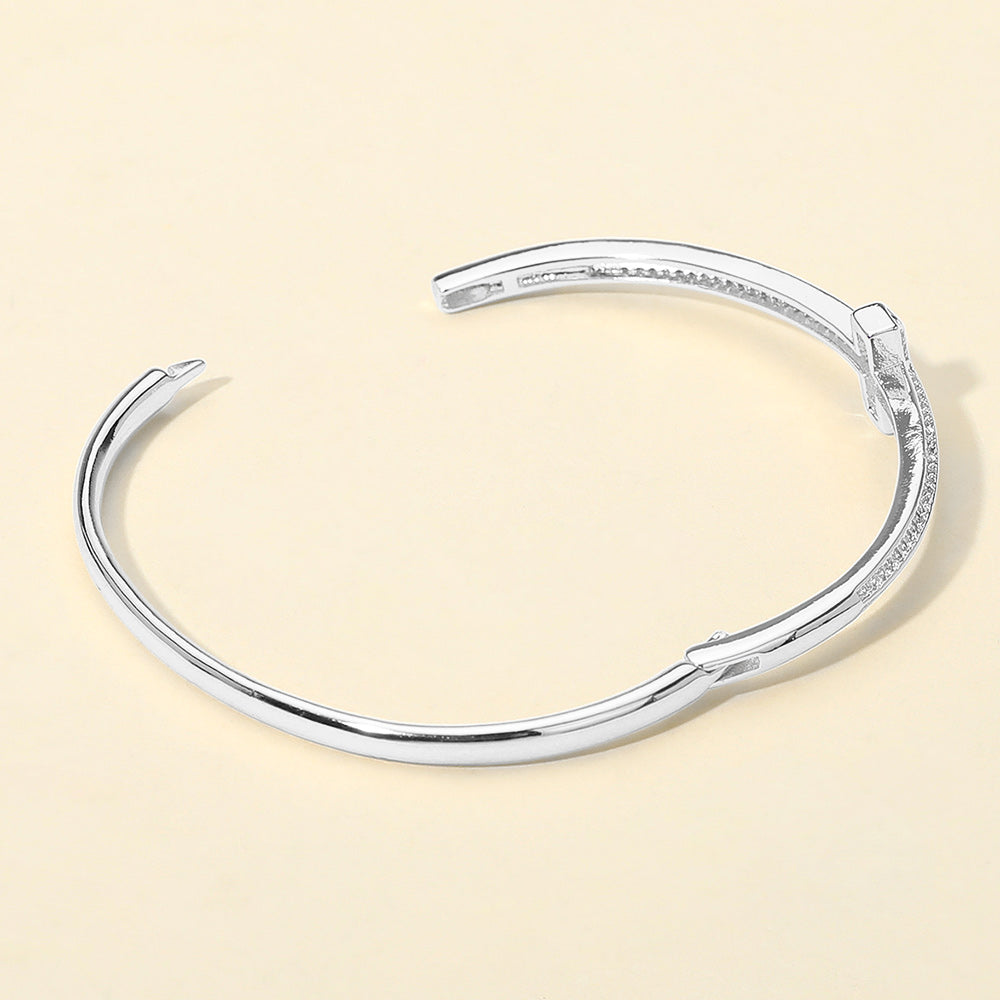 Silver Plated CZ Stone Paved T-bar Hinged Bangle Bracelet