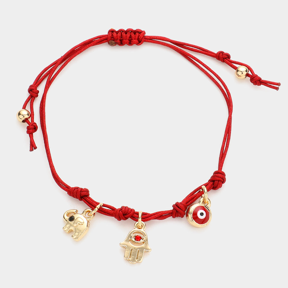 Elephant Hamsa Hand Evil Eye Charm Pull Tie Cinch Bracelet