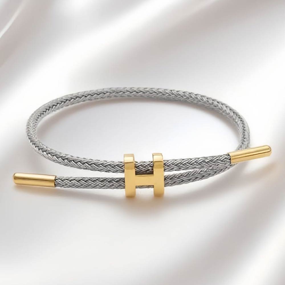 H Monogram Charm Accent Braided Cord Adjustable Slide Bracelet