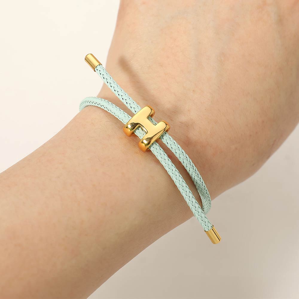 H Monogram Charm Accent Braided Cord Adjustable Slide Bracelet