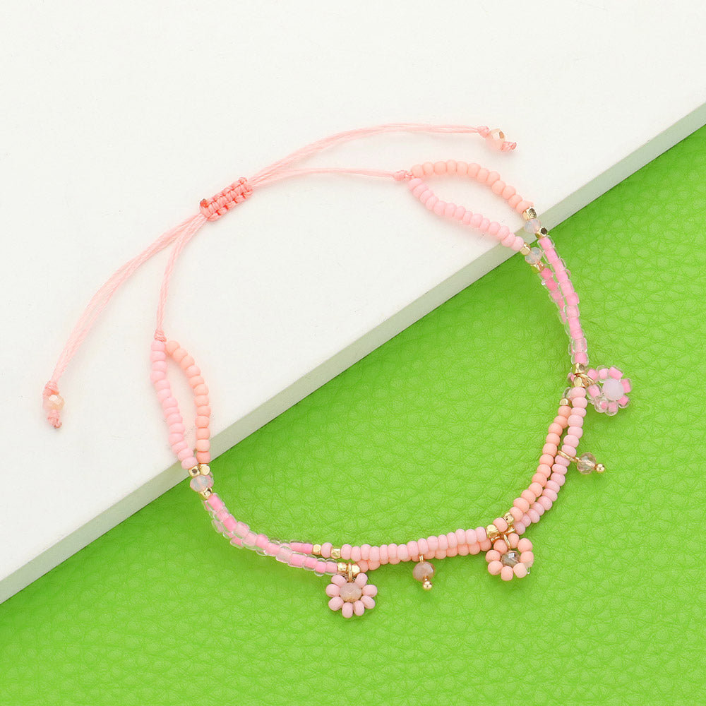 Flower Beaded Cinch Pull Tie Bracelet