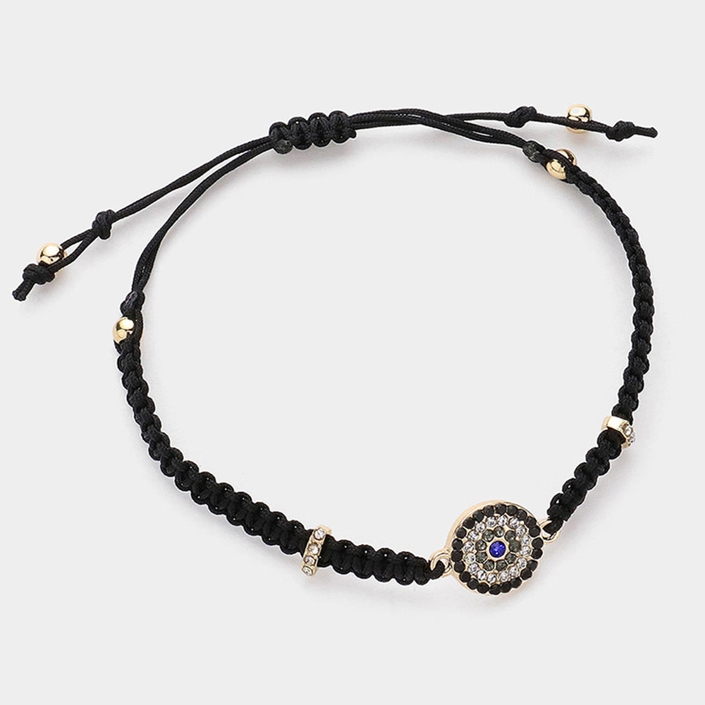 Stone Paved Evil Eye Pointed Braided Adjustable Cinch Pull Tie Bracelet