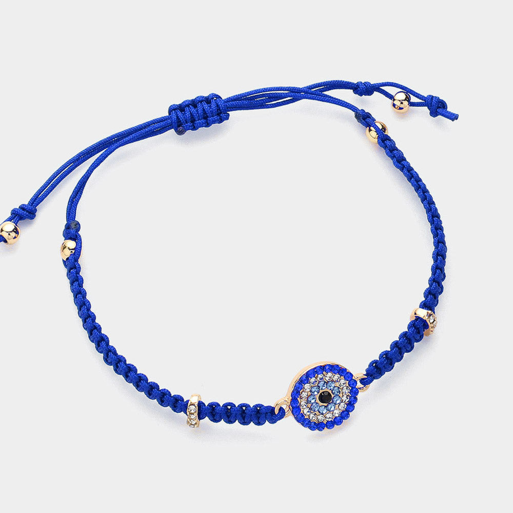 Stone Paved Evil Eye Pointed Braided Adjustable Cinch Pull Tie Bracelet