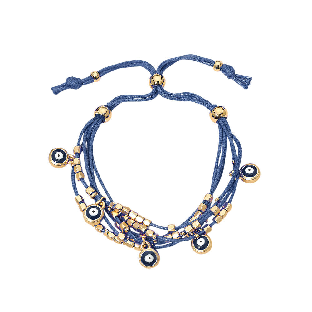 Evil Eye Charm Beaded Multi Layered Adjustable Cinch Pull Tie Bracelet