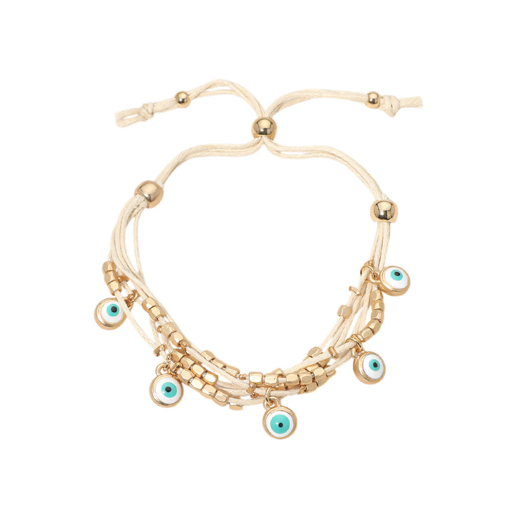 Evil Eye Charm Beaded Multi Layered Adjustable Cinch Pull Tie Bracelet