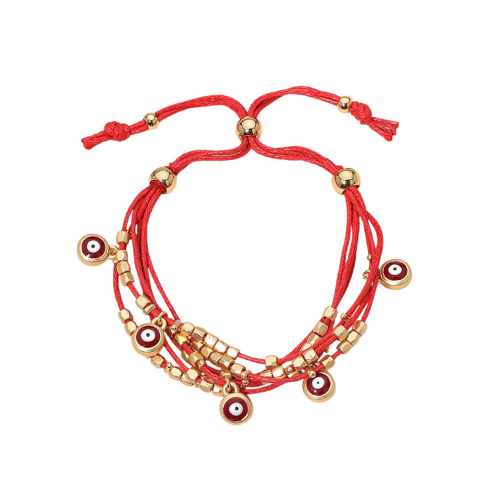 Evil Eye Charm Beaded Multi Layered Adjustable Cinch Pull Tie Bracelet