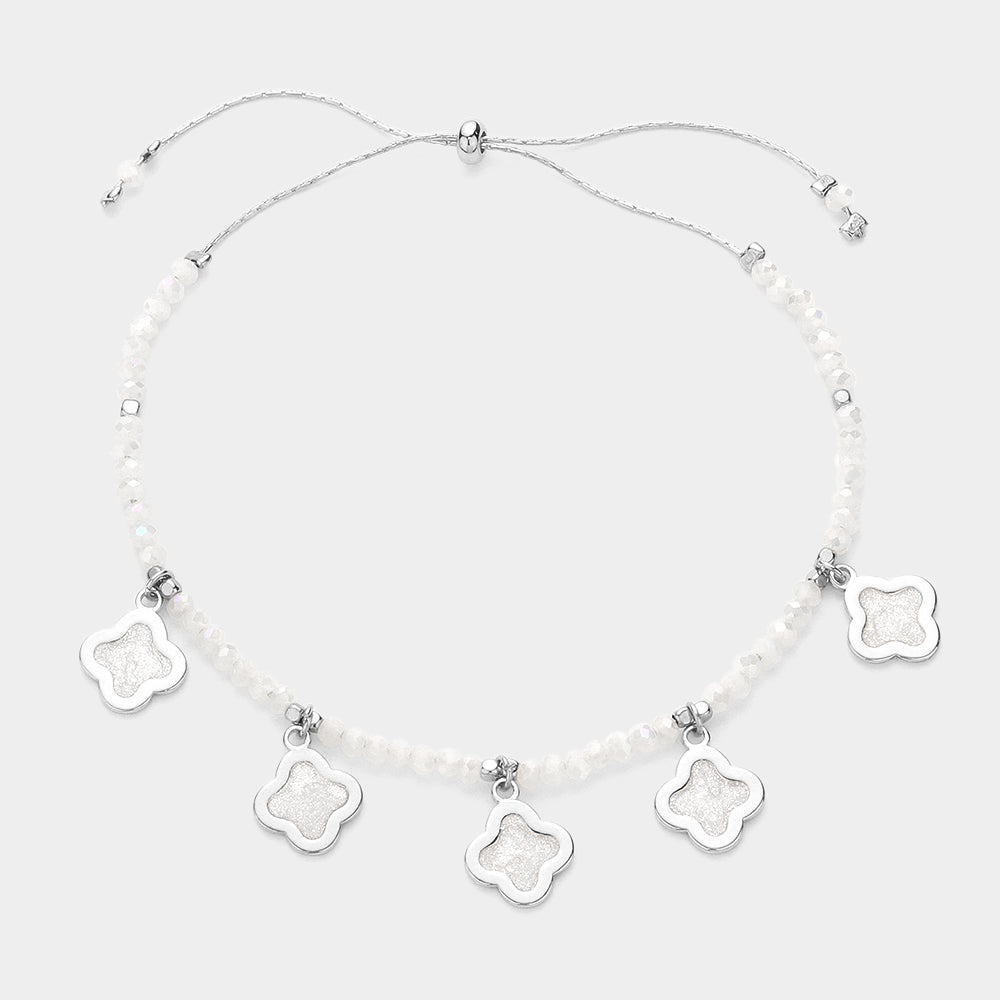 Quatrefoil Bezel Station Beaded Adjustable Pull Tie Bracelet