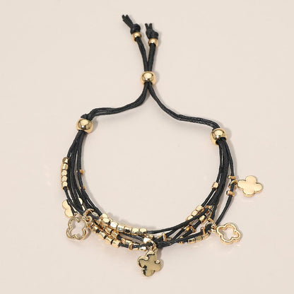Quatrefoil Charm Beaded Multi Layered Cord Adjustable Cinch Pull Tie Bracelet