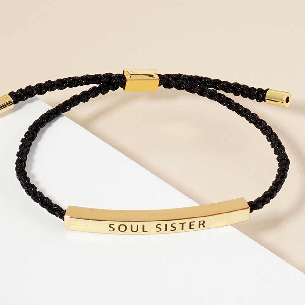 Gold Dipped SOUL SISTER Message Bar Pointed Rope Adjustable Cinch Pull Tie Bracelet