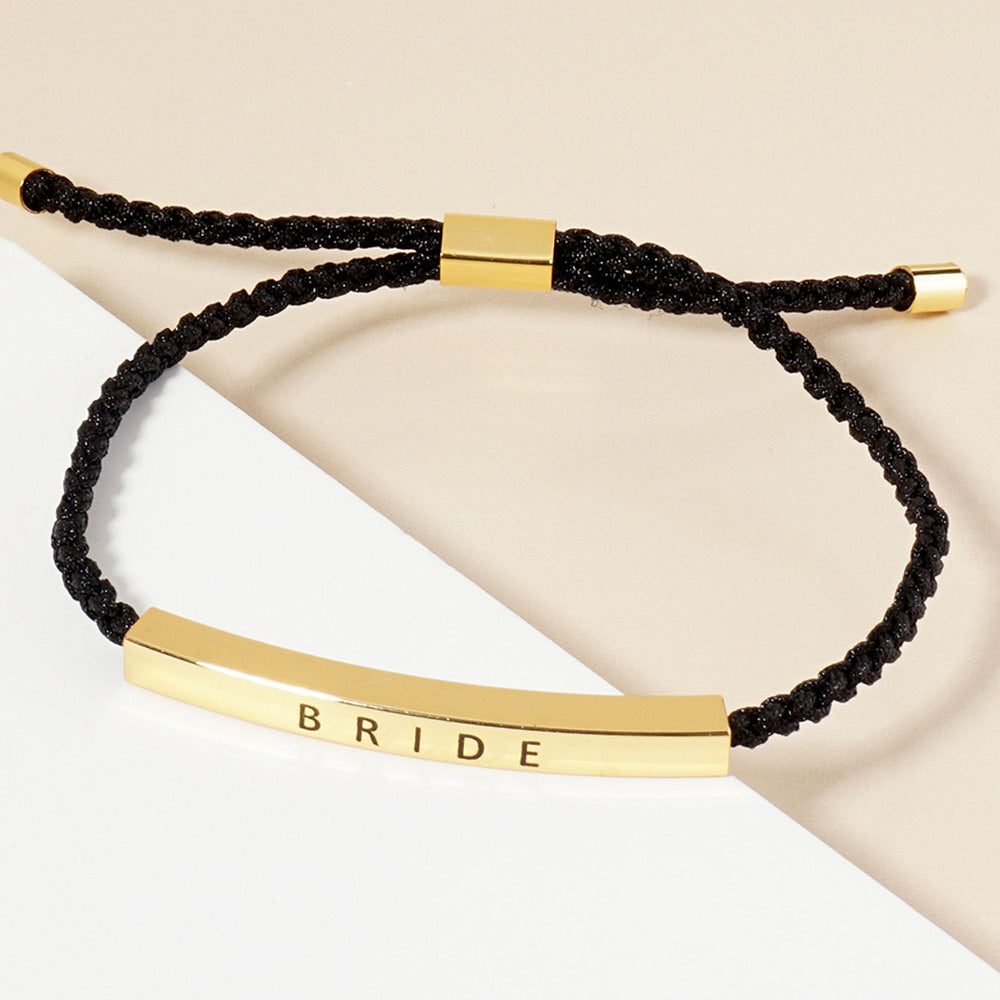 Gold Dipped BRIDE Message Bar Pointed Rope Adjustable Cinch Pull Tie Bracelet