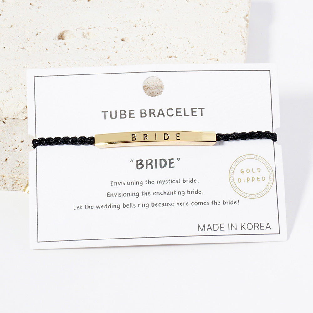 Gold Dipped BRIDE Message Bar Pointed Rope Adjustable Cinch Pull Tie Bracelet